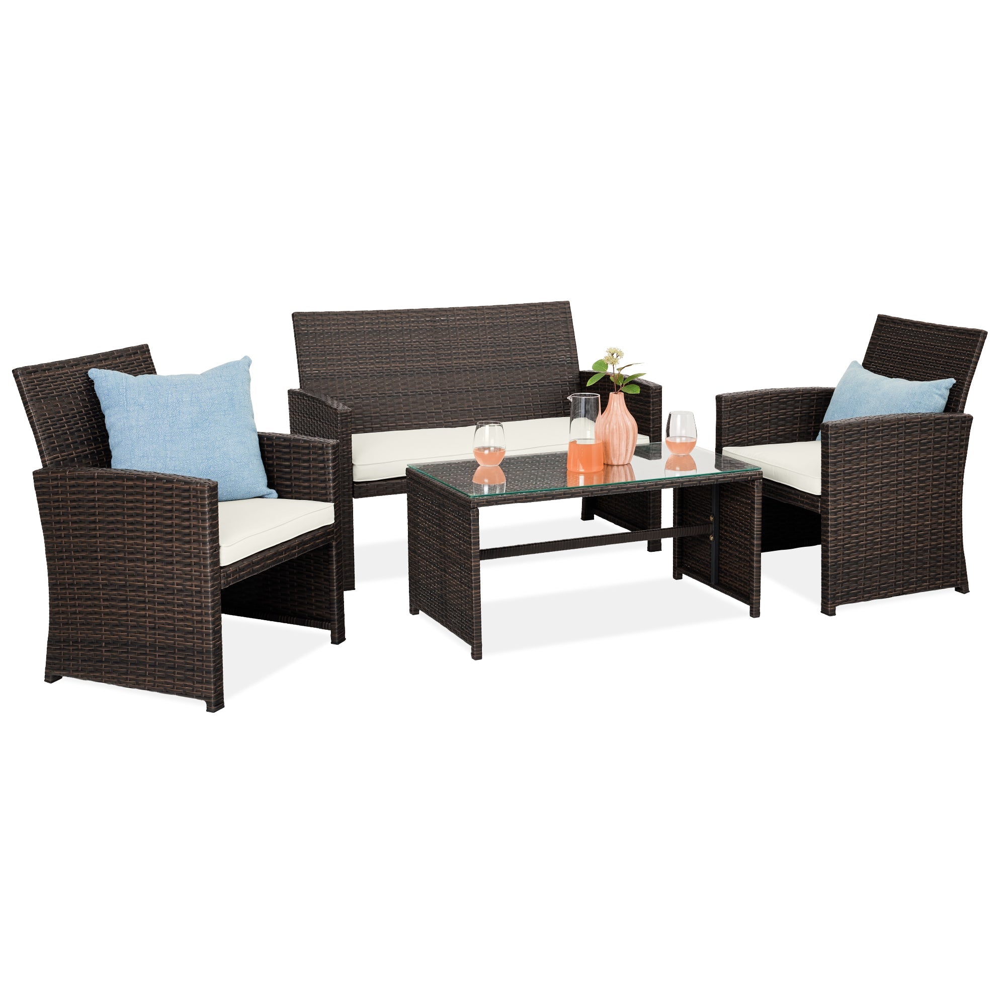 4-Piece Outdoor Wicker Conversation Patio Set w/ 4 Seats Glass Table Top