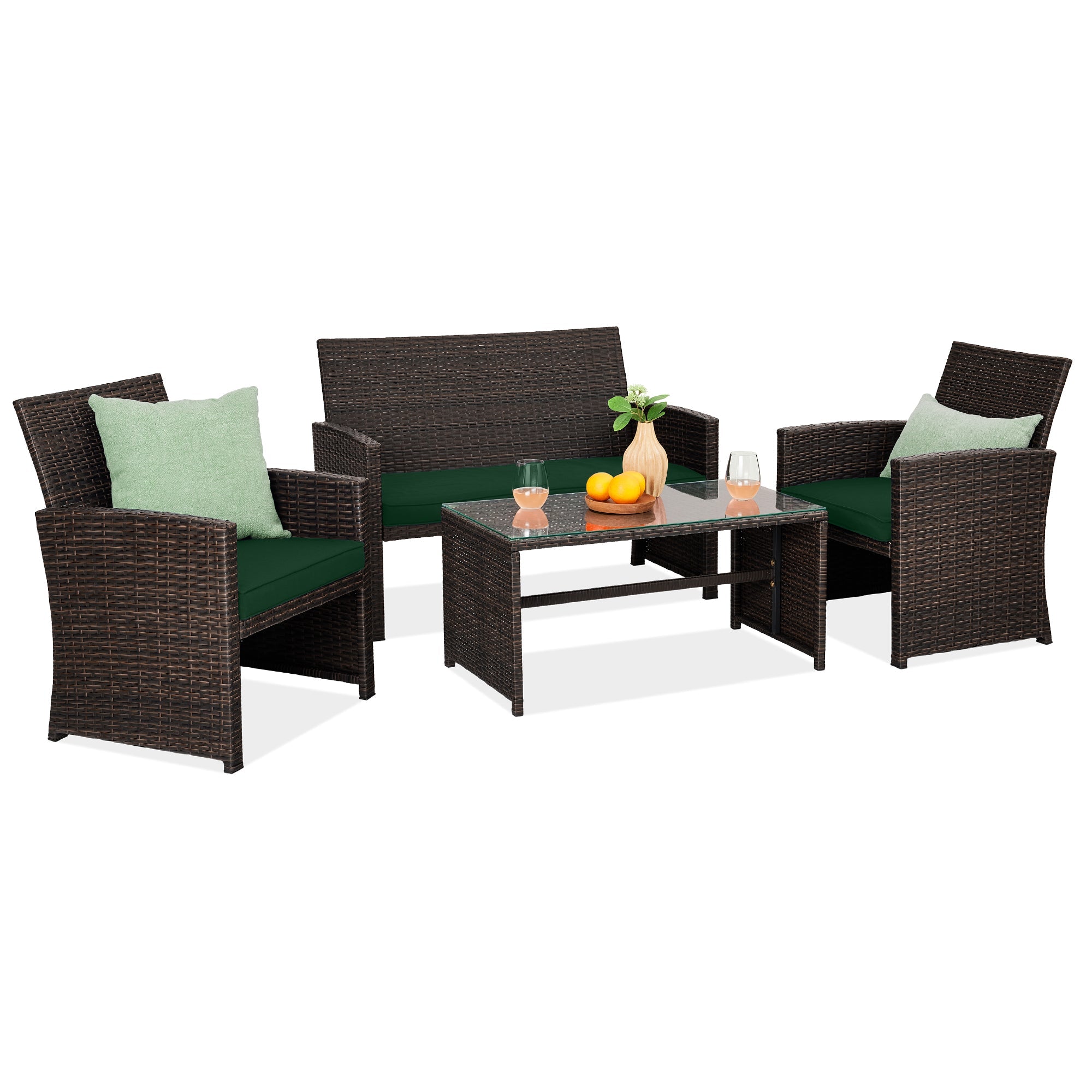 4-Piece Outdoor Wicker Conversation Patio Set w/ 4 Seats Glass Table Top