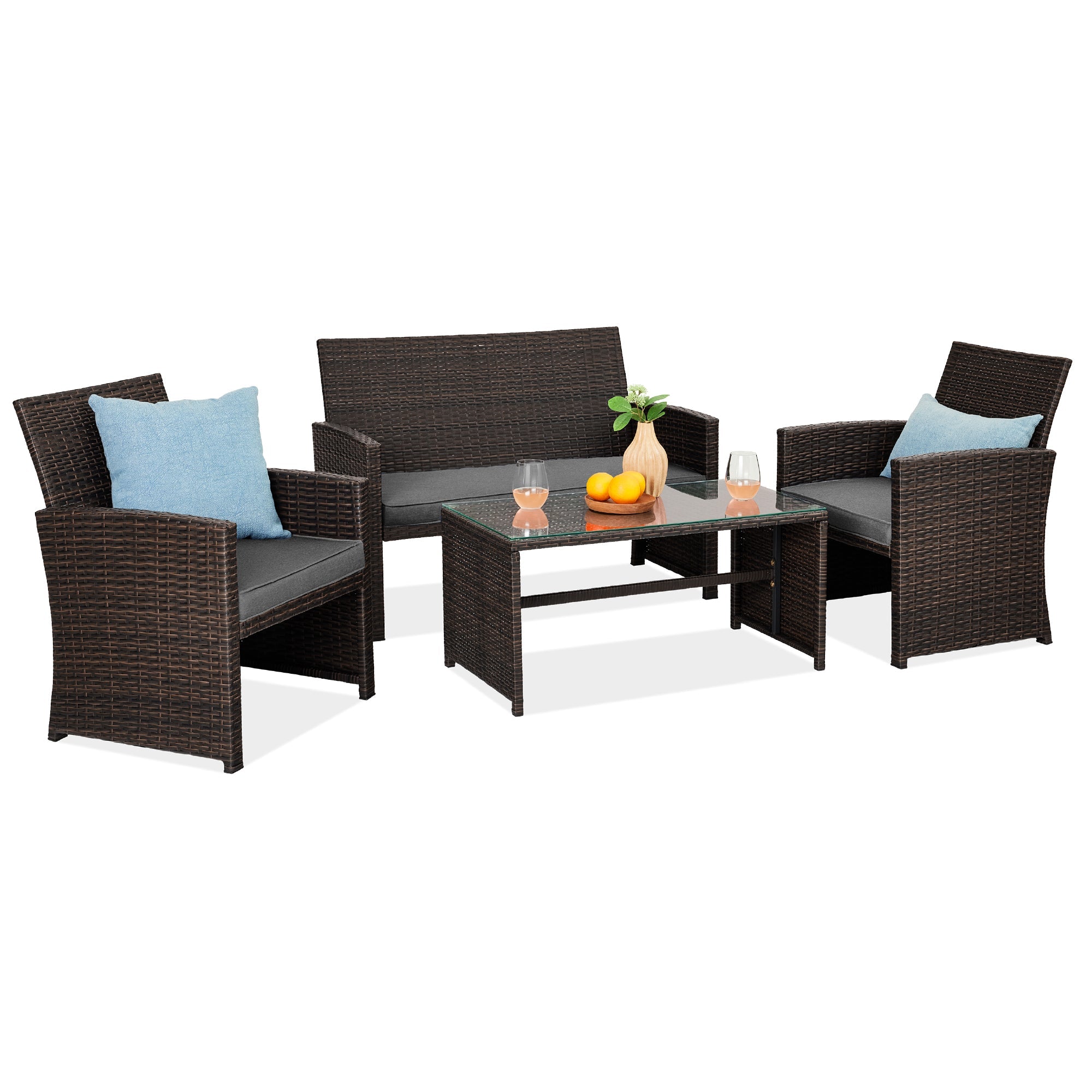 4-Piece Outdoor Wicker Conversation Patio Set w/ 4 Seats Glass Table Top