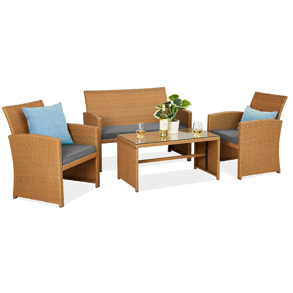 4-Piece Outdoor Wicker Conversation Patio Set w/ 4 Seats Glass Table Top