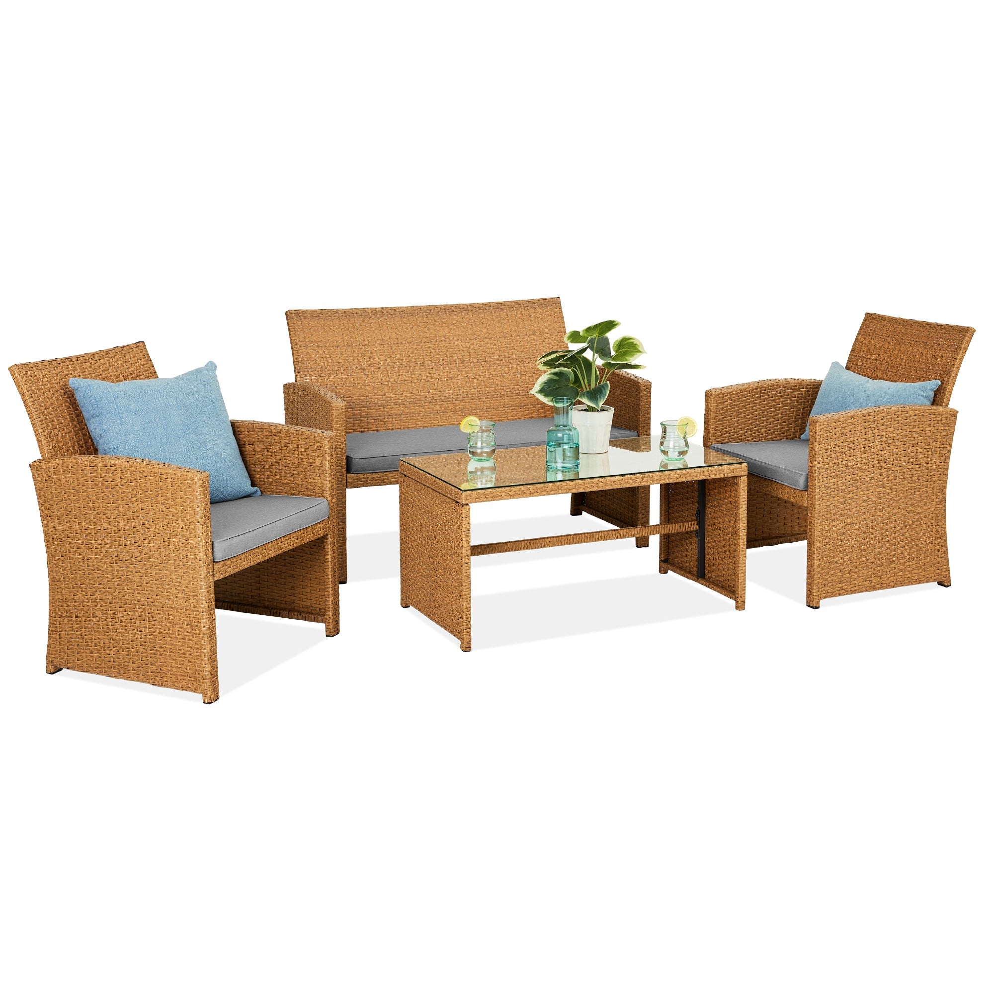 4-Piece Outdoor Wicker Conversation Patio Set w/ 4 Seats Glass Table Top