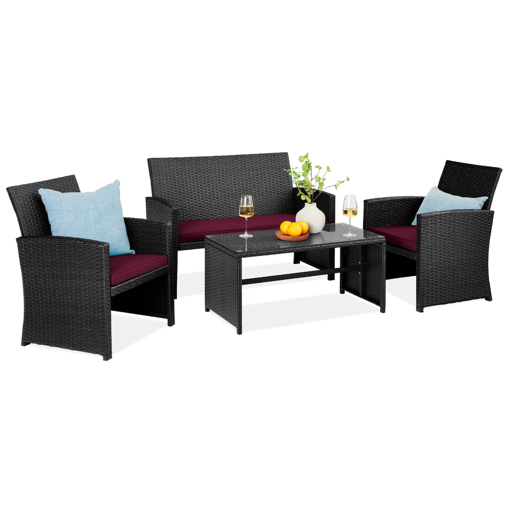 4-Piece Outdoor Wicker Conversation Patio Set w/ 4 Seats Glass Table Top