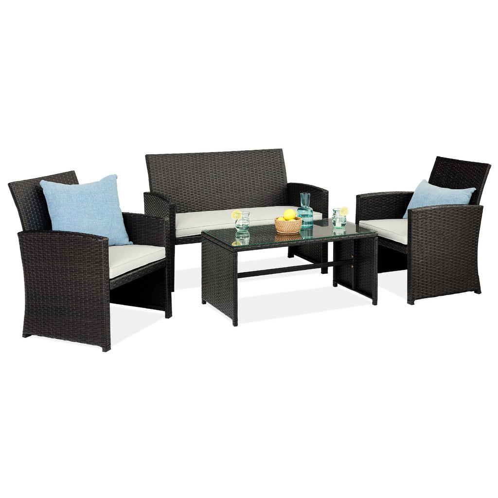 4-Piece Outdoor Wicker Conversation Patio Set w/ 4 Seats Glass Table Top