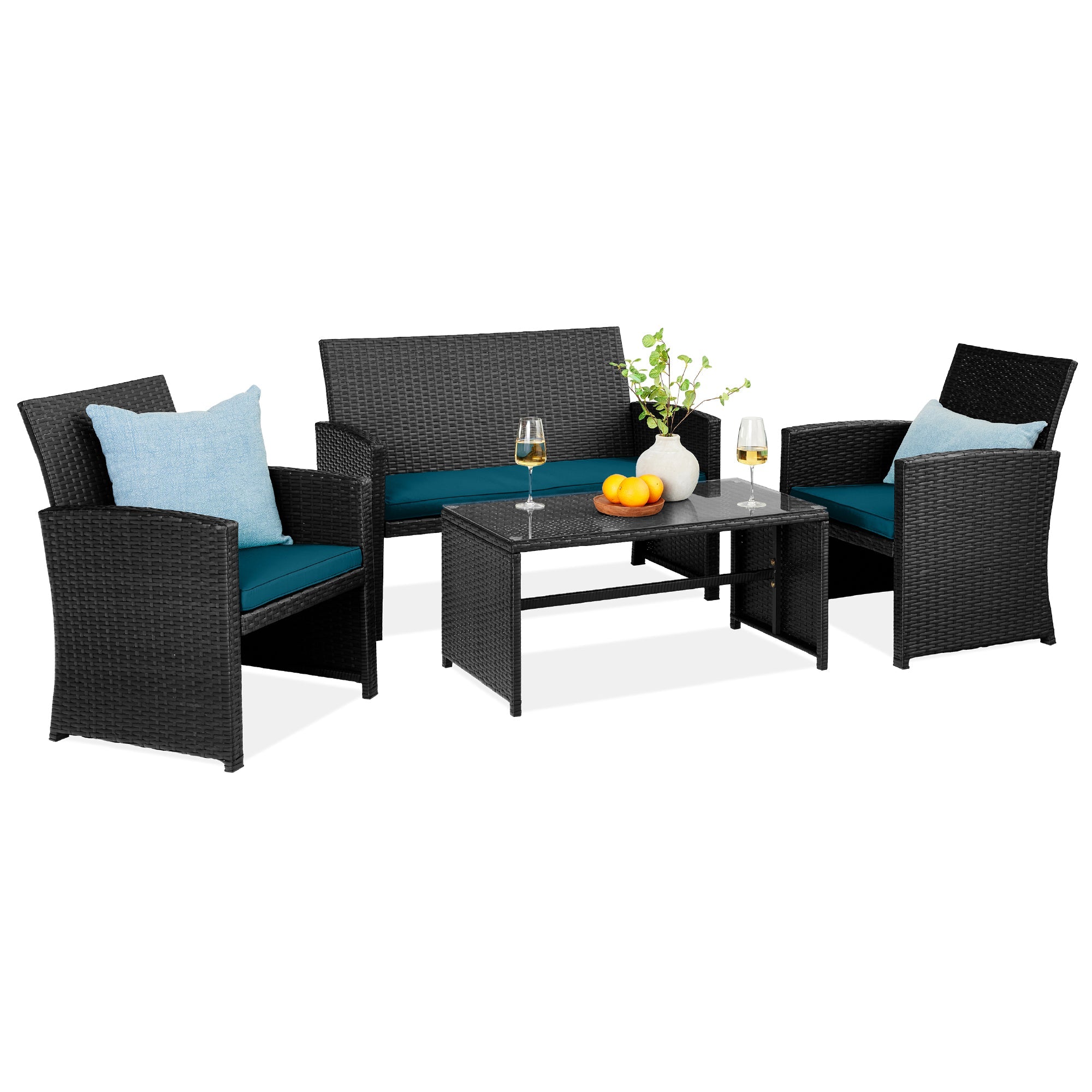 4-Piece Outdoor Wicker Conversation Patio Set w/ 4 Seats Glass Table Top