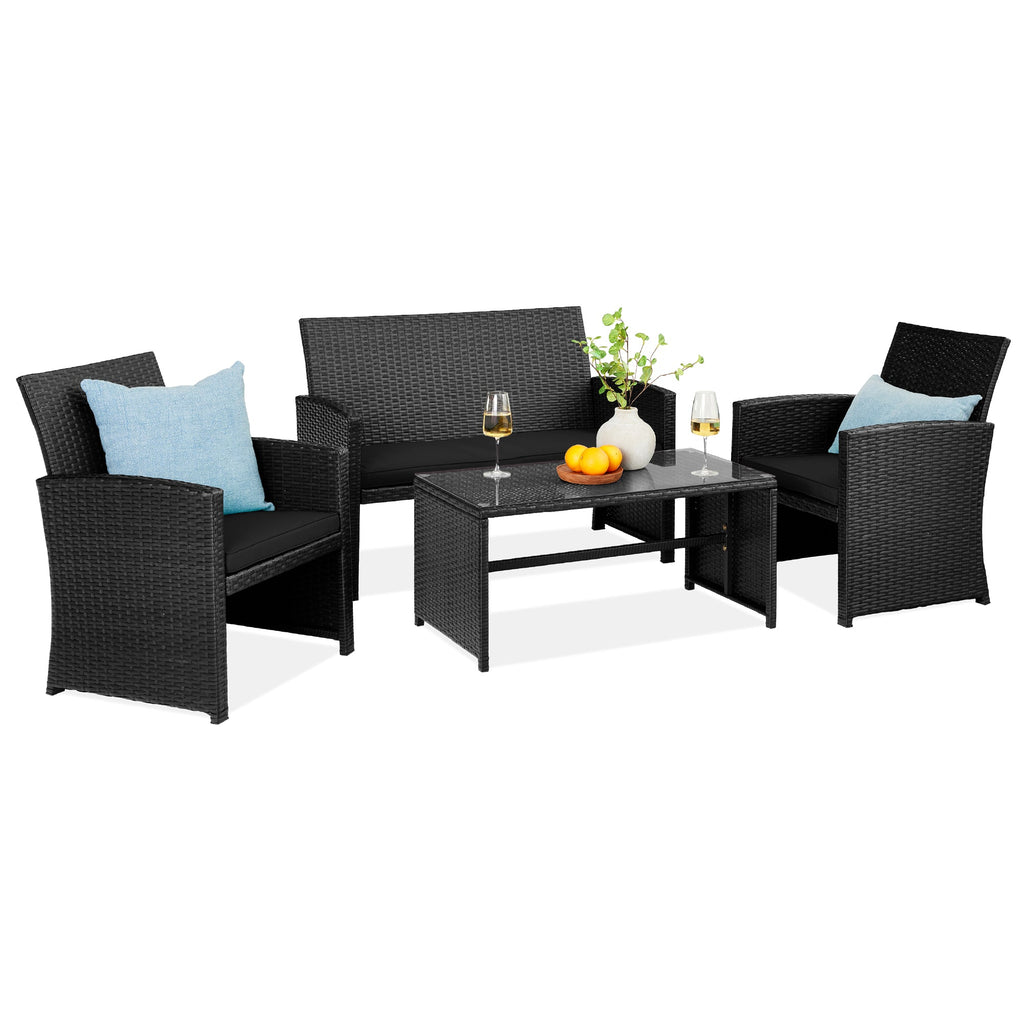 4-Piece Outdoor Wicker Conversation Patio Set w/ 4 Seats Glass Table Top