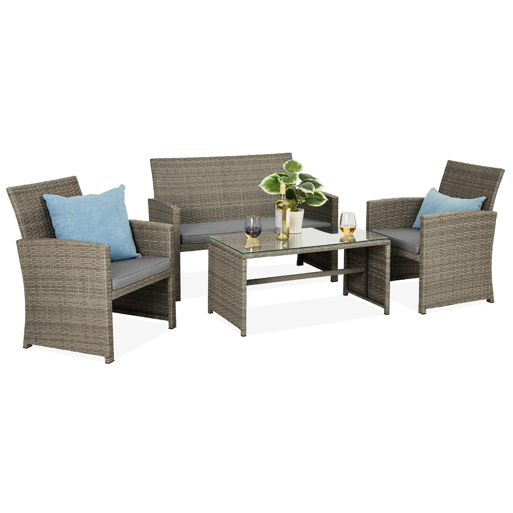 4-Piece Outdoor Wicker Conversation Patio Set w/ 4 Seats Glass Table Top