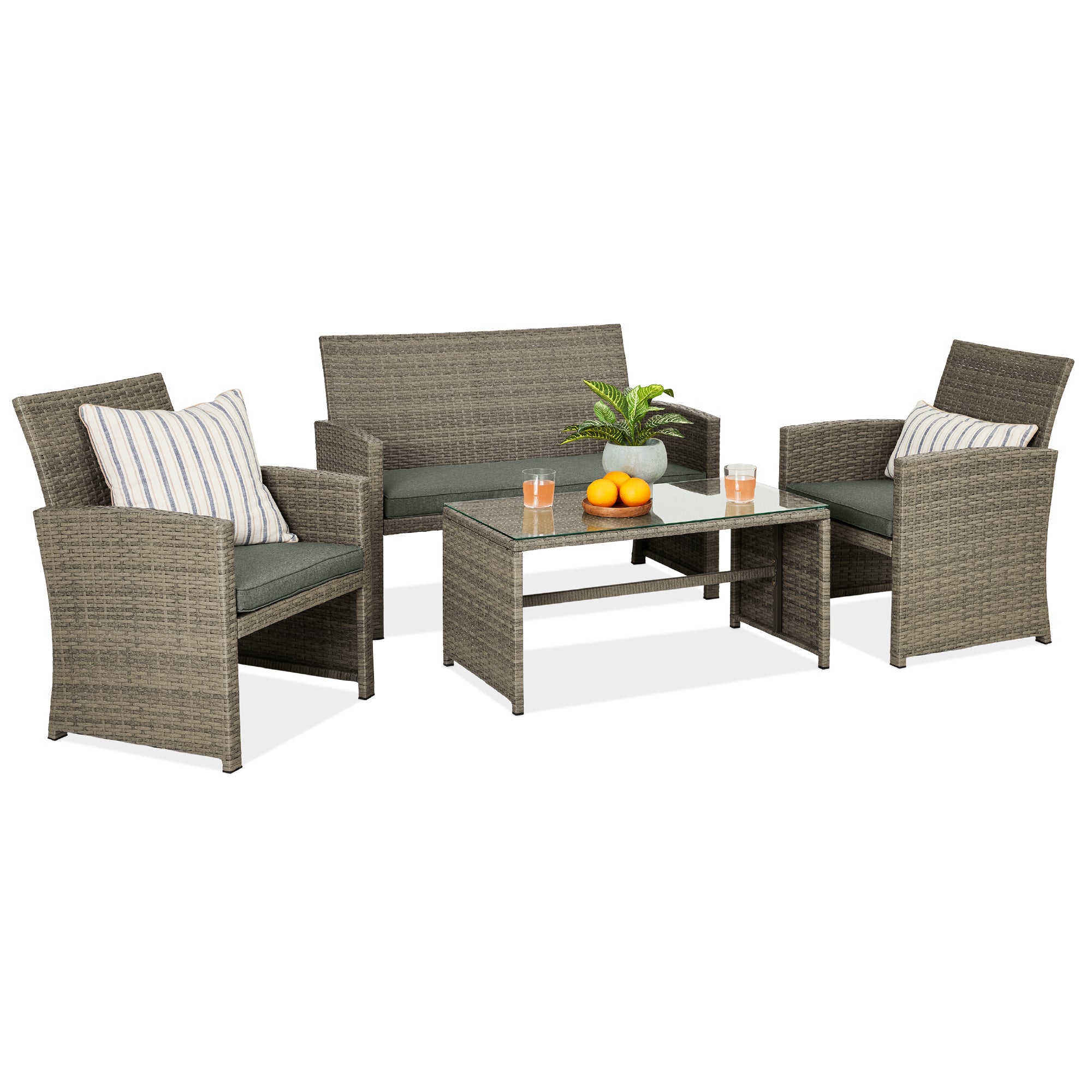 4-Piece Outdoor Wicker Conversation Patio Set w/ 4 Seats Glass Table Top