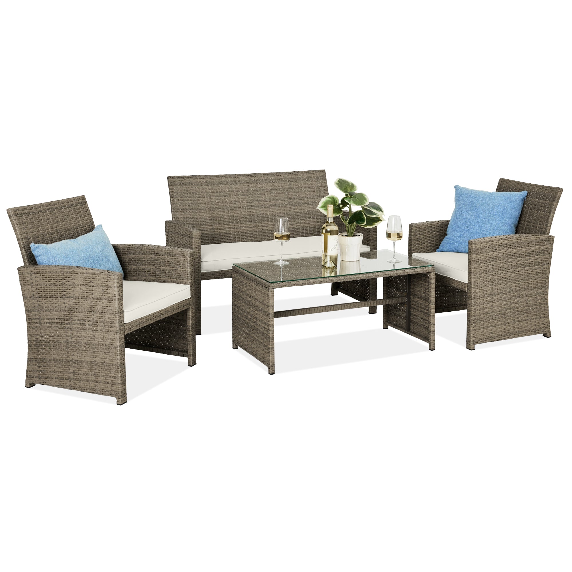 4-Piece Outdoor Wicker Conversation Patio Set w/ 4 Seats Glass Table Top