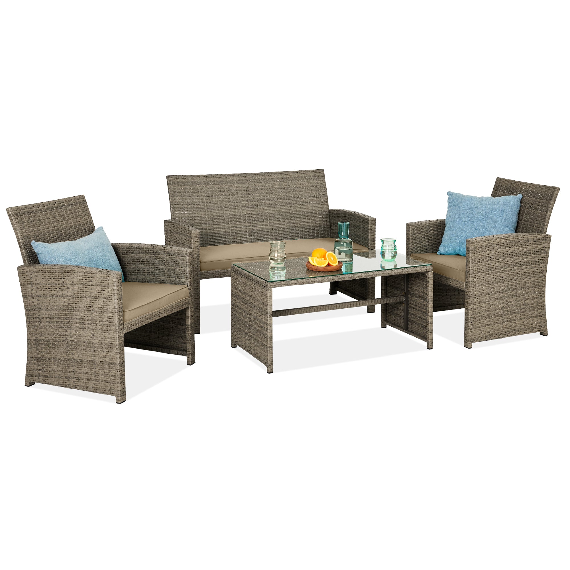 4-Piece Outdoor Wicker Conversation Patio Set w/ 4 Seats Glass Table Top