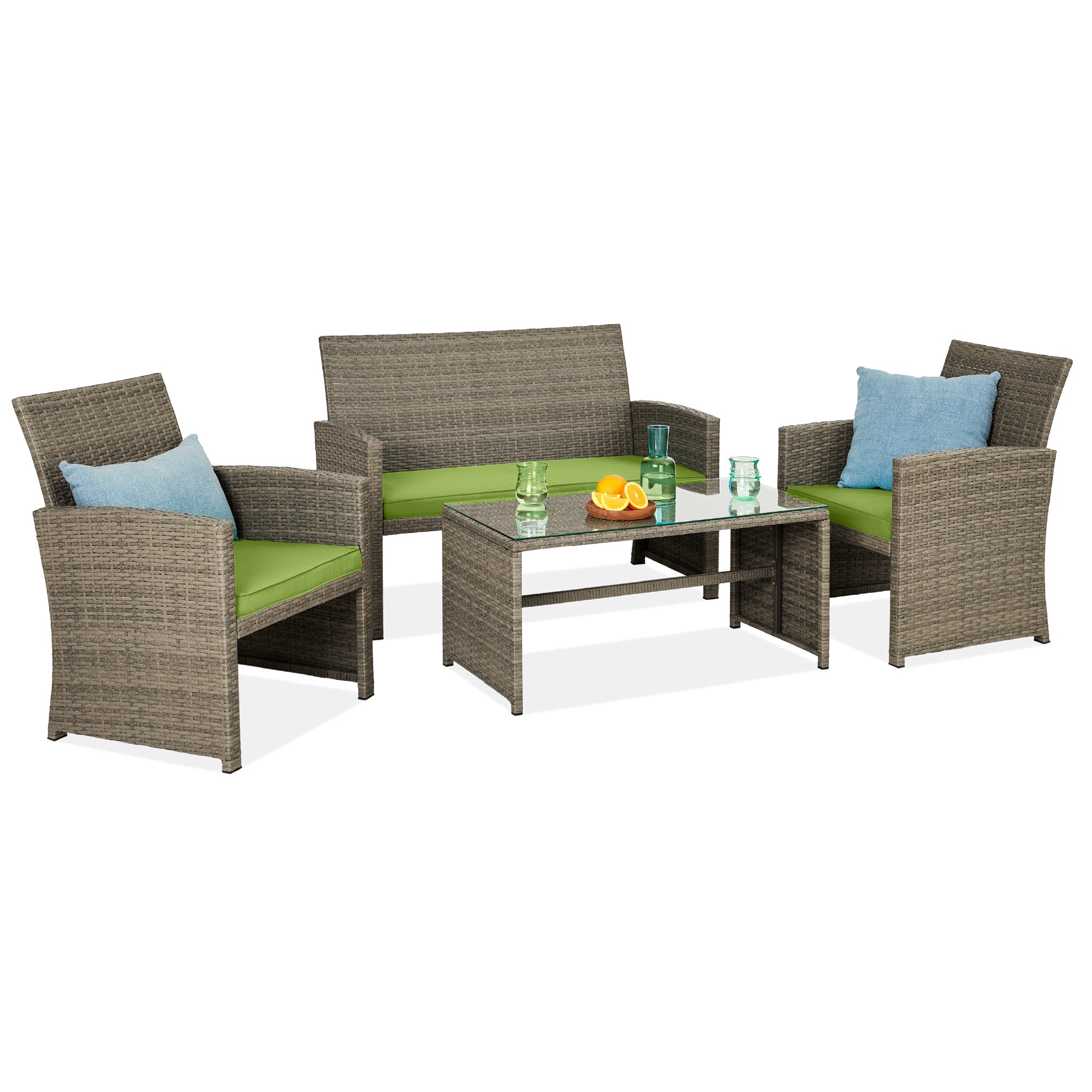 4-Piece Outdoor Wicker Conversation Patio Set w/ 4 Seats Glass Table Top