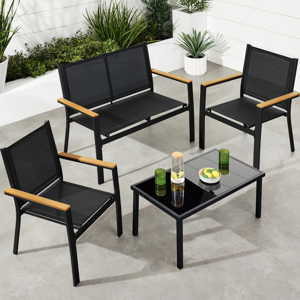 4-Piece Textilene Outdoor Conversation Set w/ Cushions Table