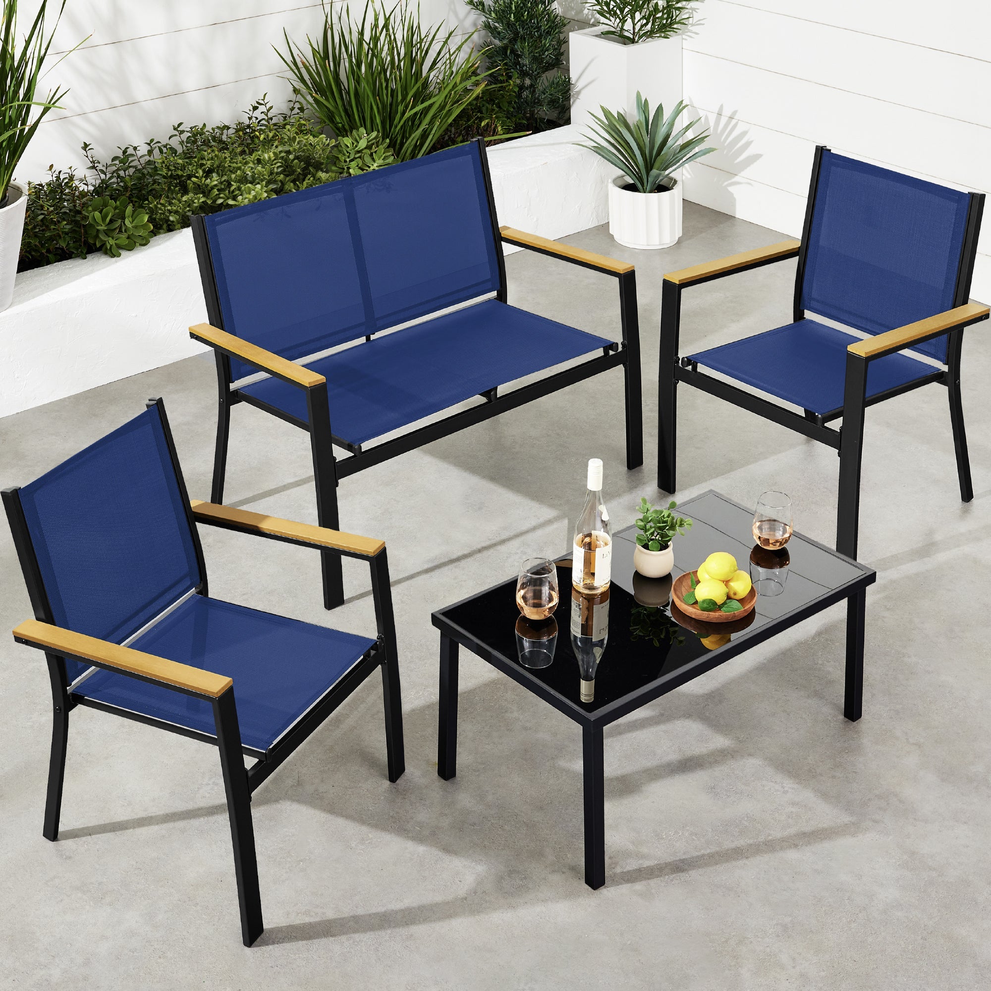 4-Piece Textilene Outdoor Conversation Set w/ Cushions Table