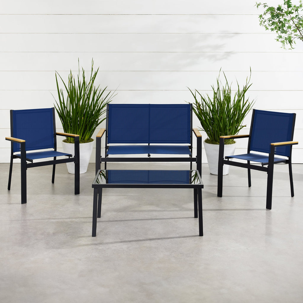 4-Piece Textilene Outdoor Conversation Set w/ Cushions Table