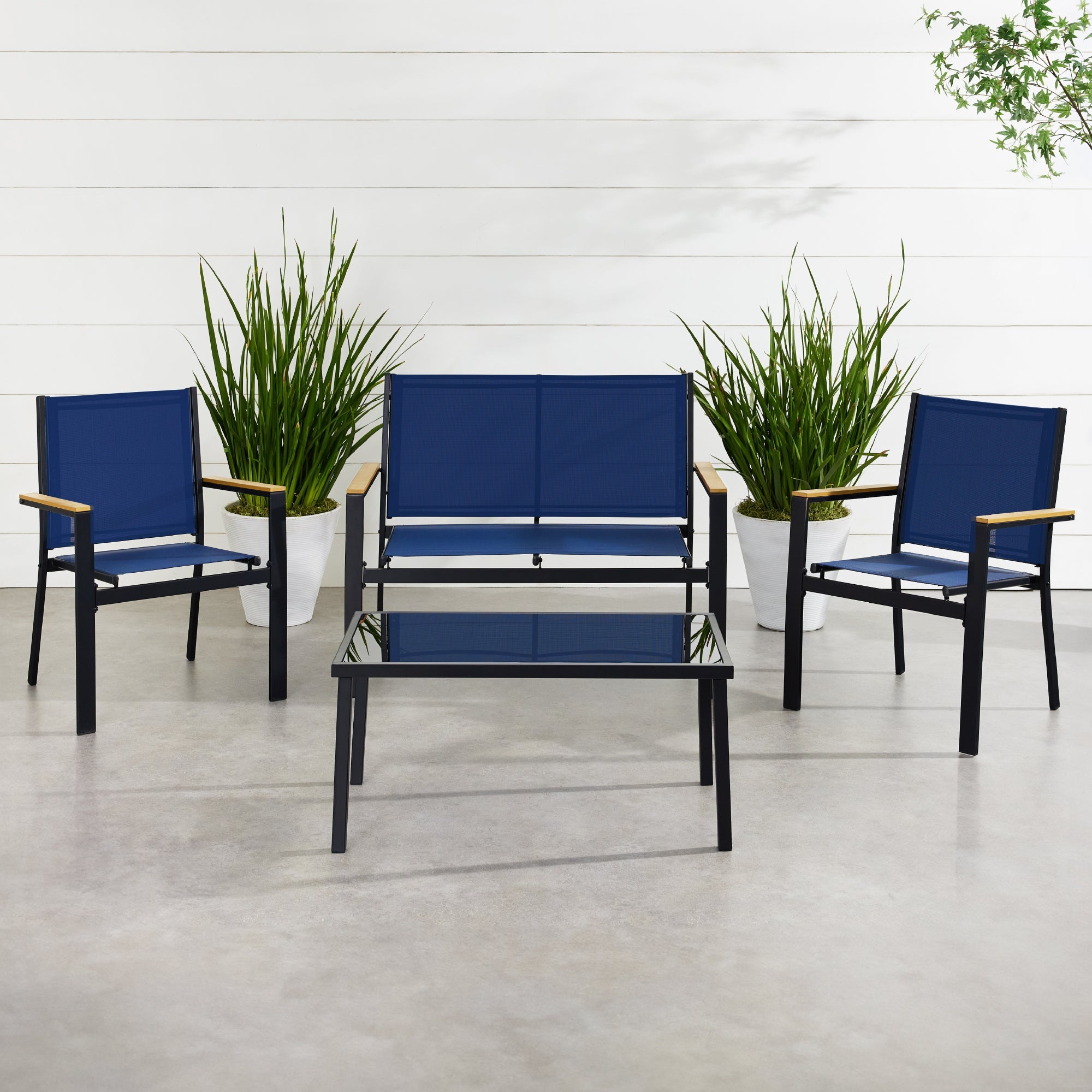 4-Piece Textilene Outdoor Conversation Set w/ Cushions Table