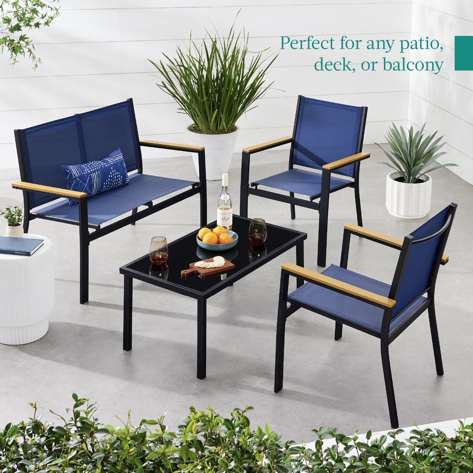 4-Piece Textilene Outdoor Conversation Set w/ Cushions Table