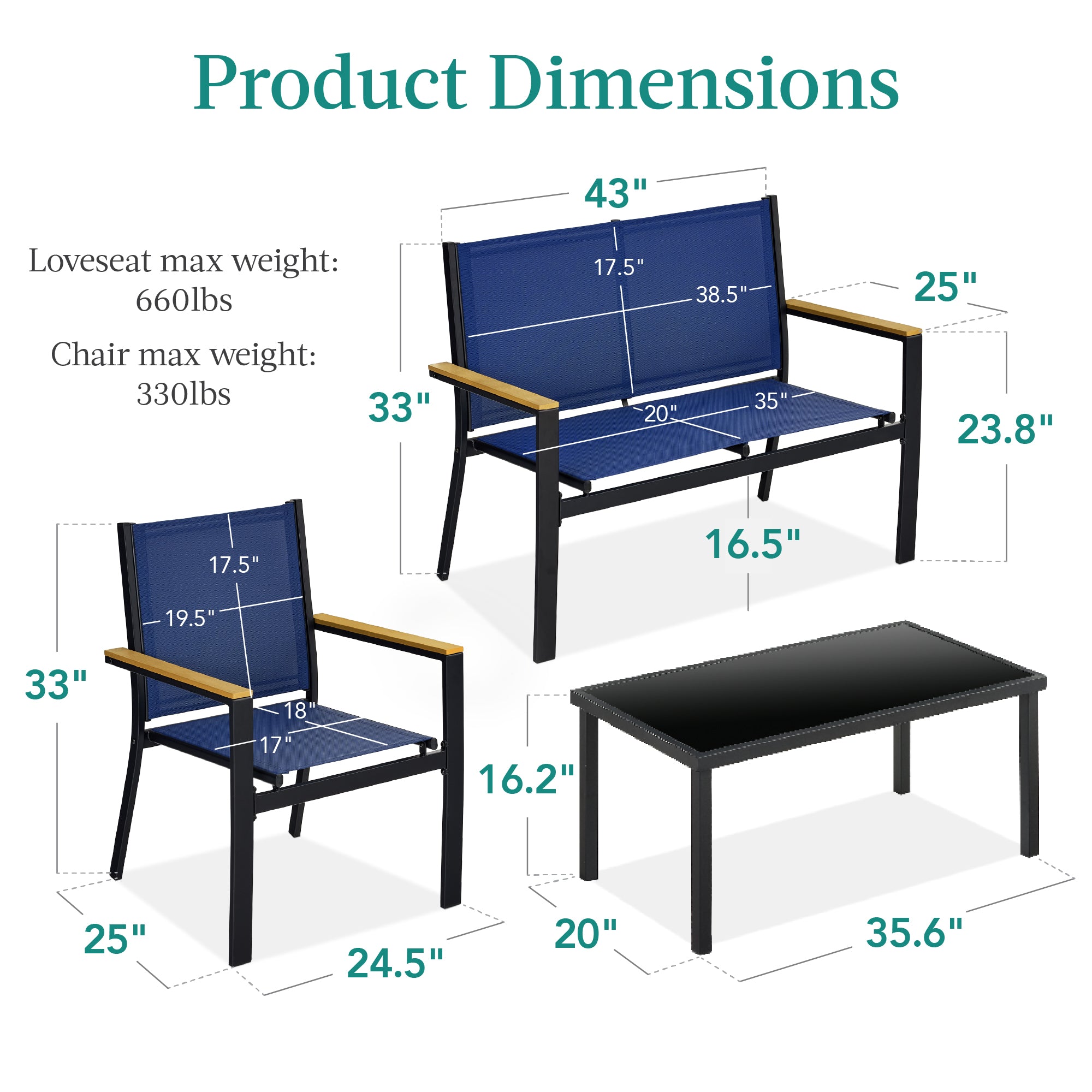 4-Piece Textilene Outdoor Conversation Set w/ Cushions Table