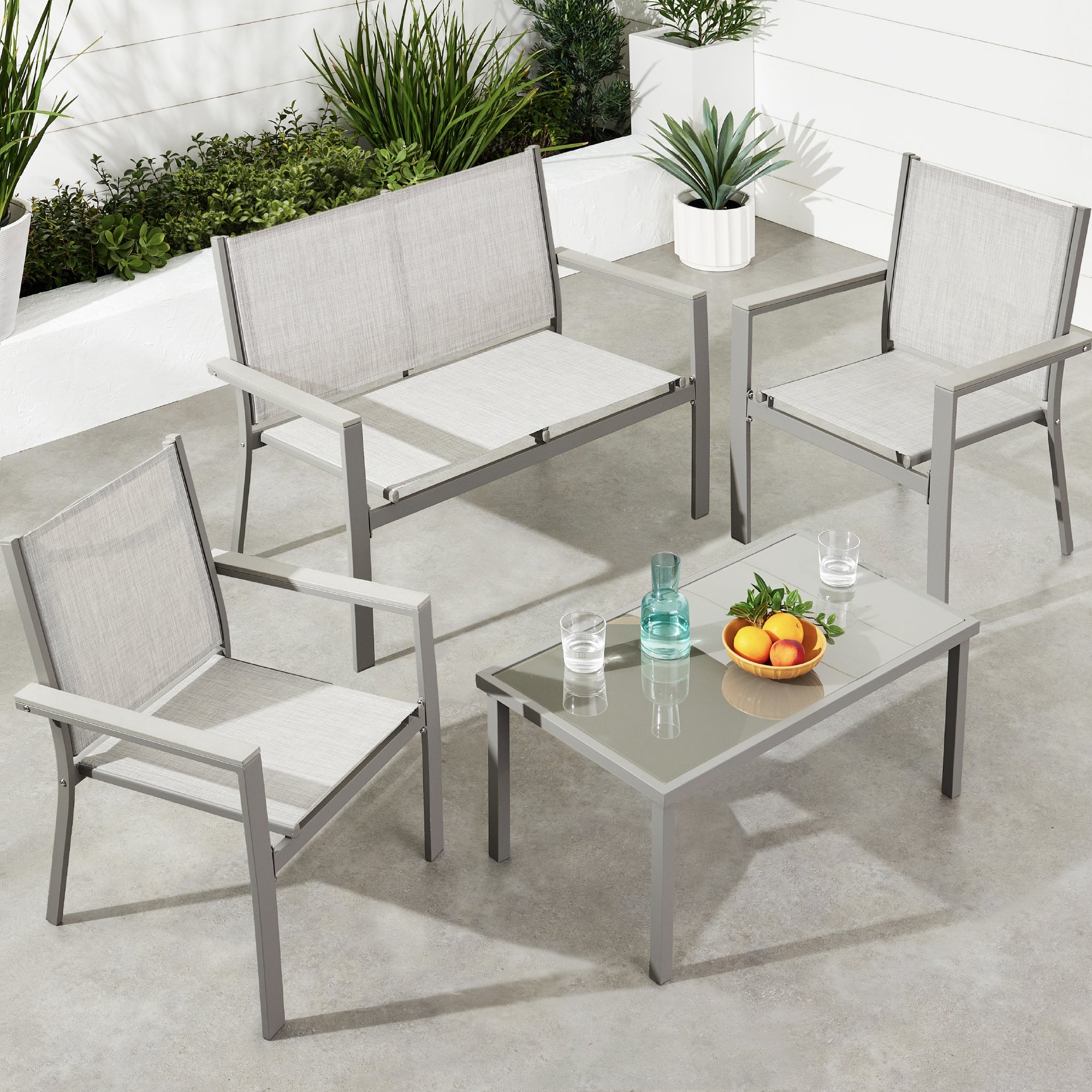 4-Piece Textilene Outdoor Conversation Set w/ Cushions Table