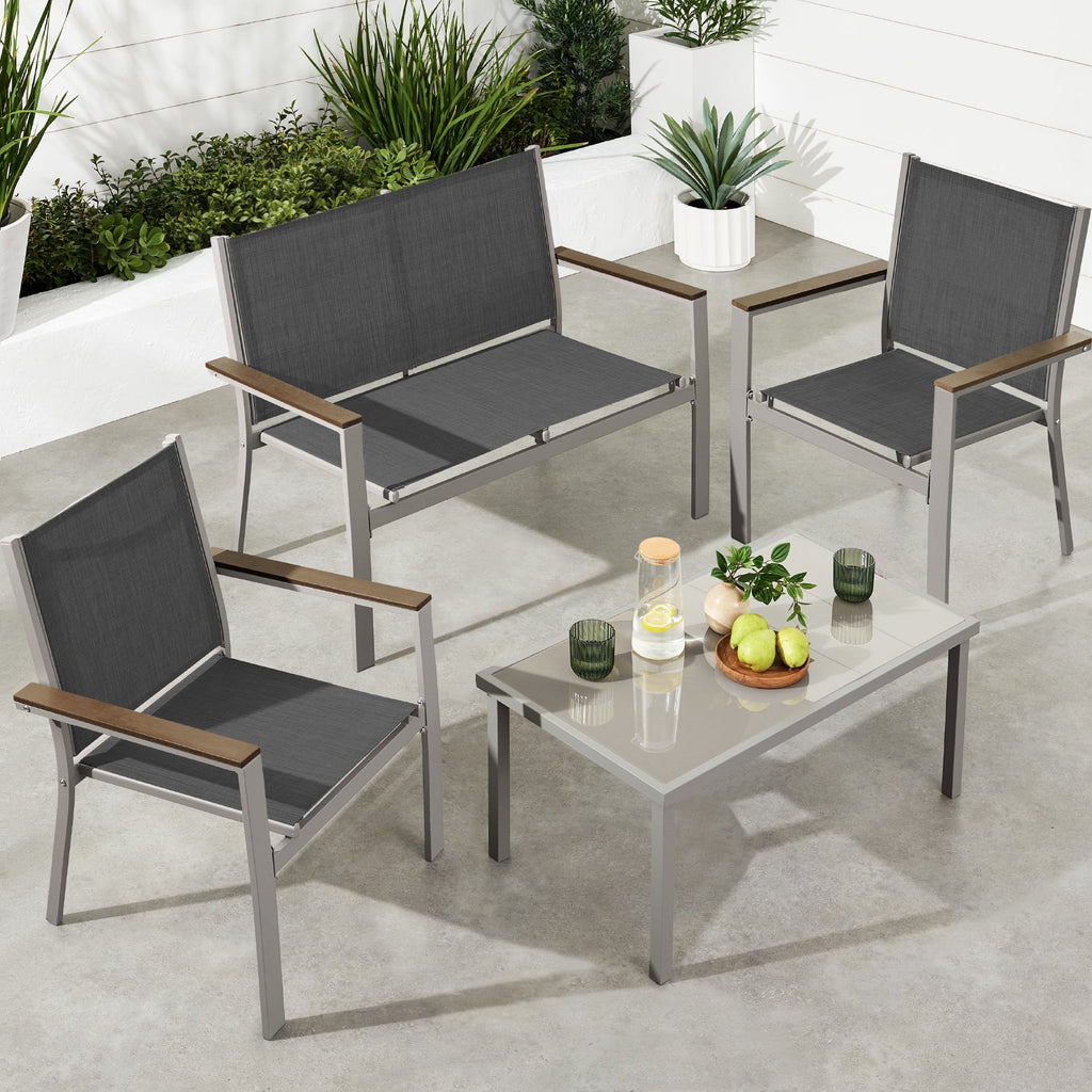 4-Piece Textilene Outdoor Conversation Set w/ Cushions Table