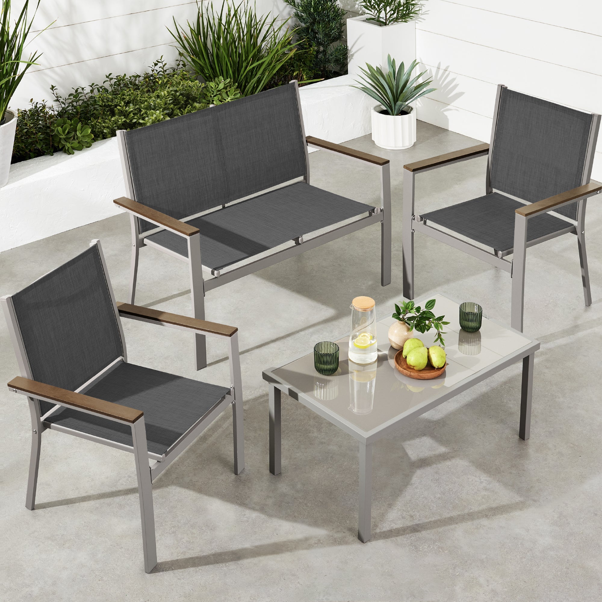 4-Piece Textilene Outdoor Conversation Set w/ Cushions Table