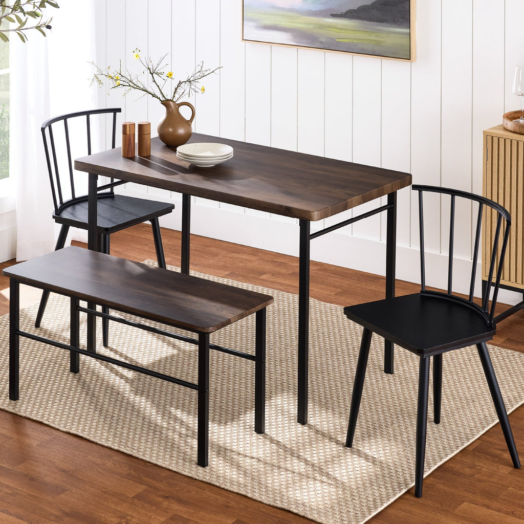 4-Piece Farmhouse Dining Table Set w/ 2 Black Spindle Chairs Bench Table