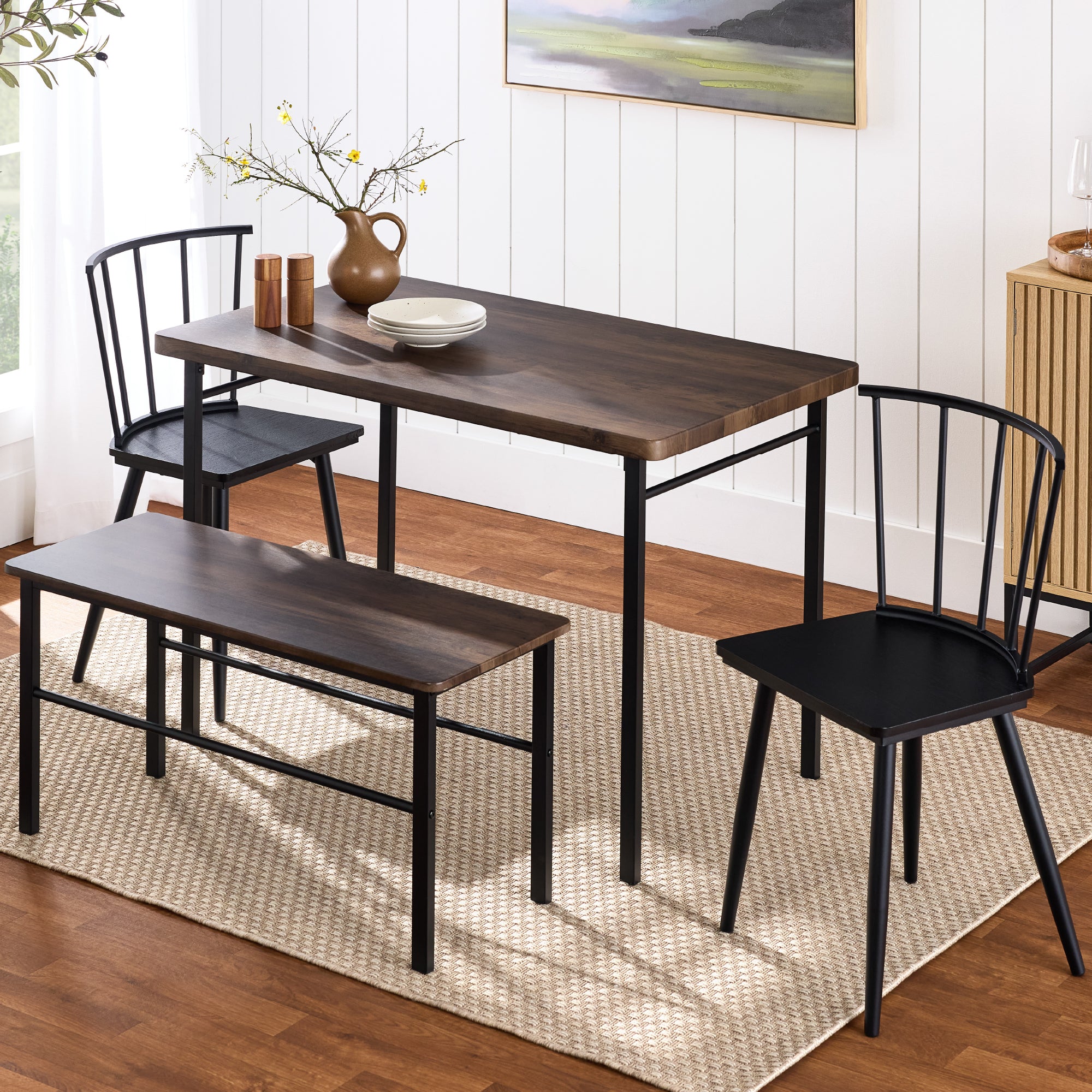 4-Piece Farmhouse Dining Table Set w/ 2 Black Spindle Chairs Bench Table