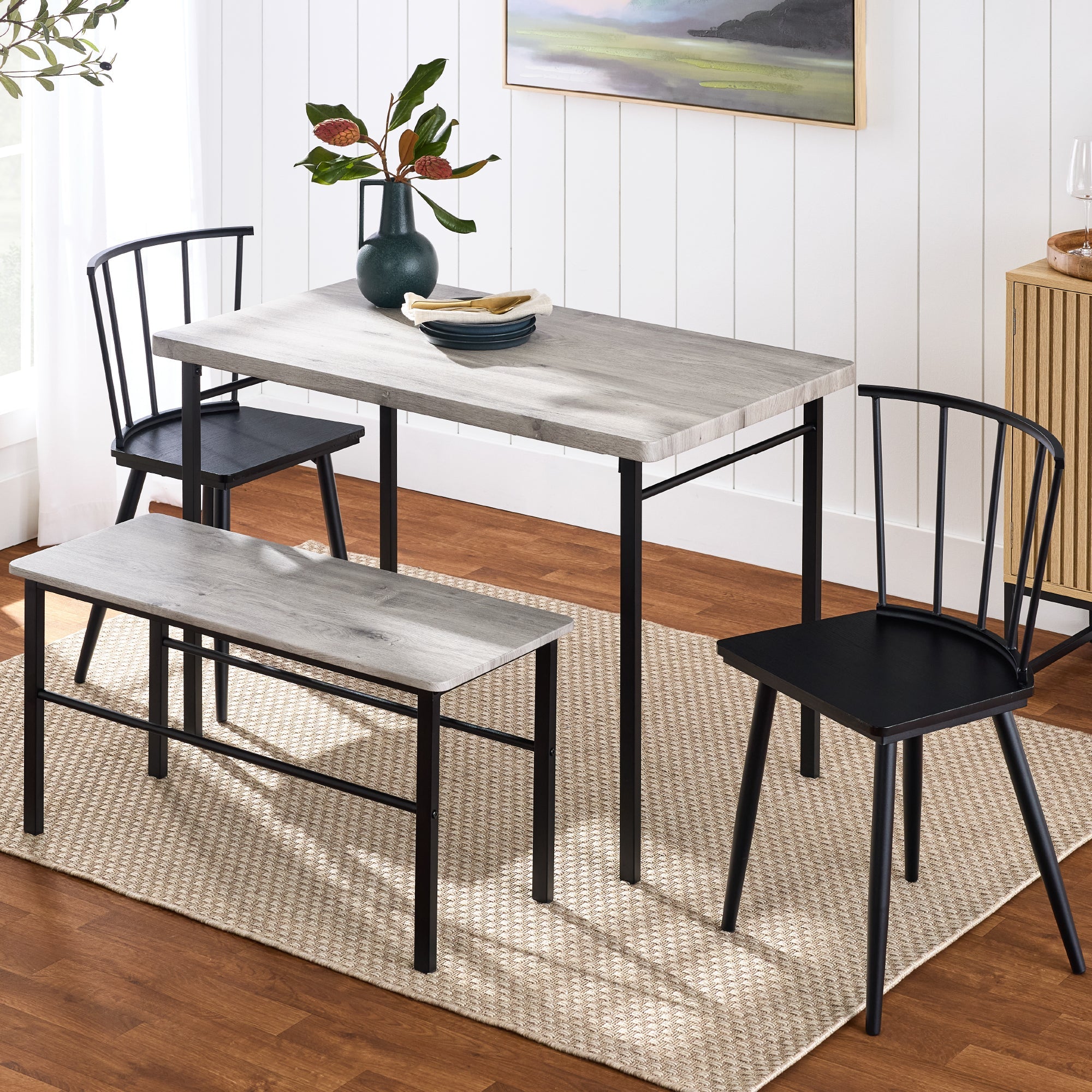 4-Piece Farmhouse Dining Table Set w/ 2 Black Spindle Chairs Bench Table