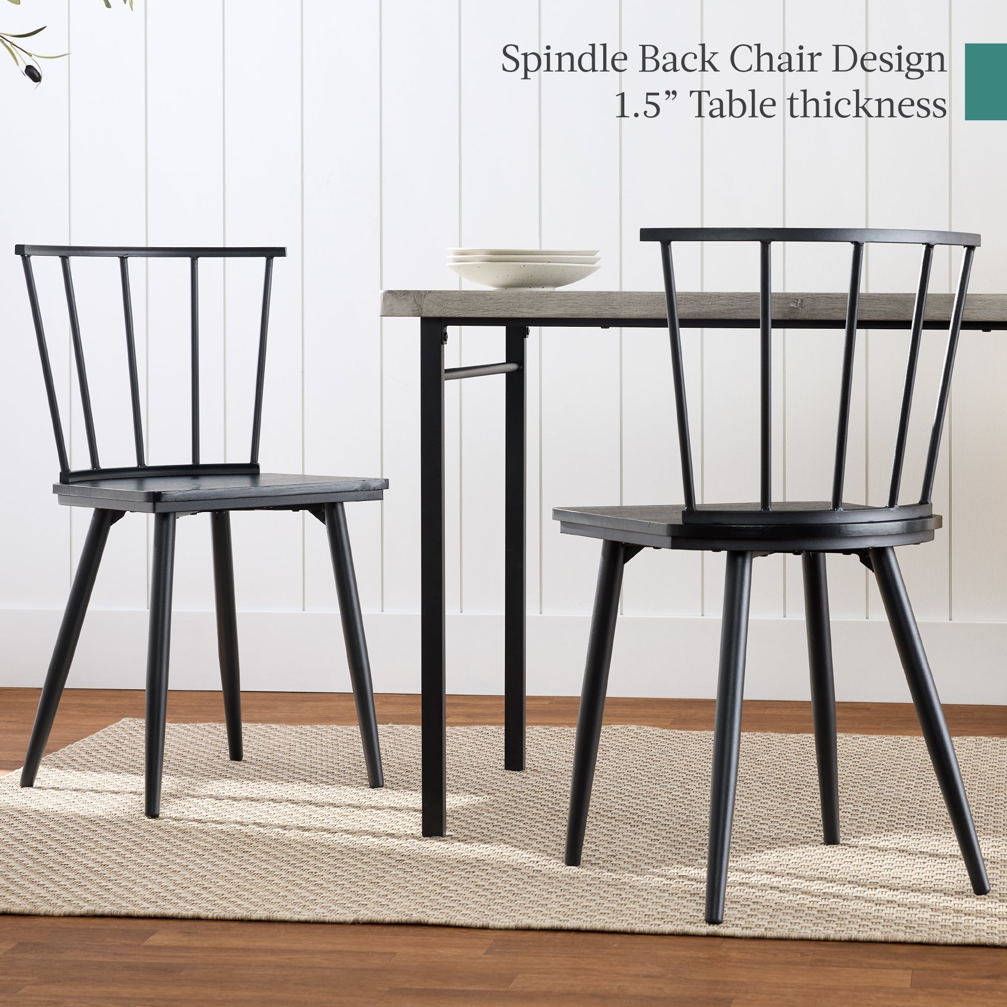 4-Piece Farmhouse Dining Table Set w/ 2 Black Spindle Chairs Bench Table