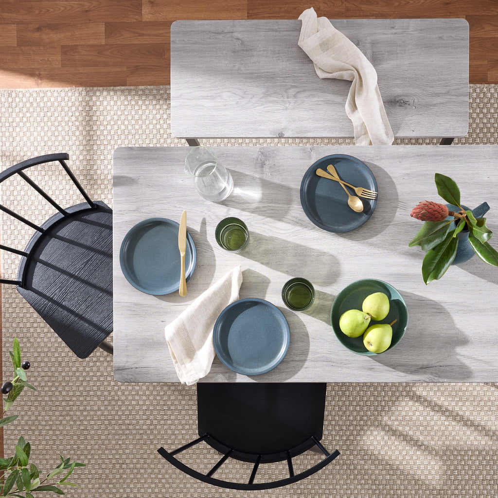 4-Piece Farmhouse Dining Table Set w/ 2 Black Spindle Chairs Bench Table