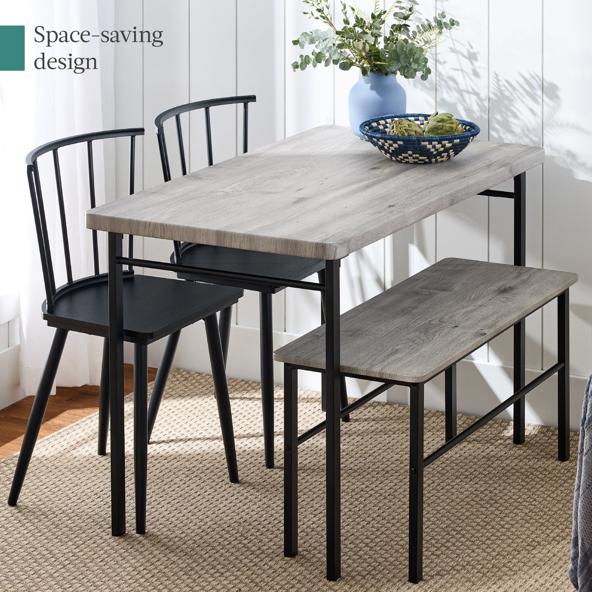 4-Piece Farmhouse Dining Table Set w/ 2 Black Spindle Chairs Bench Table