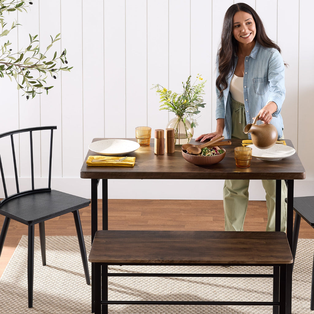 4-Piece Farmhouse Dining Table Set w/ 2 Black Spindle Chairs Bench Table