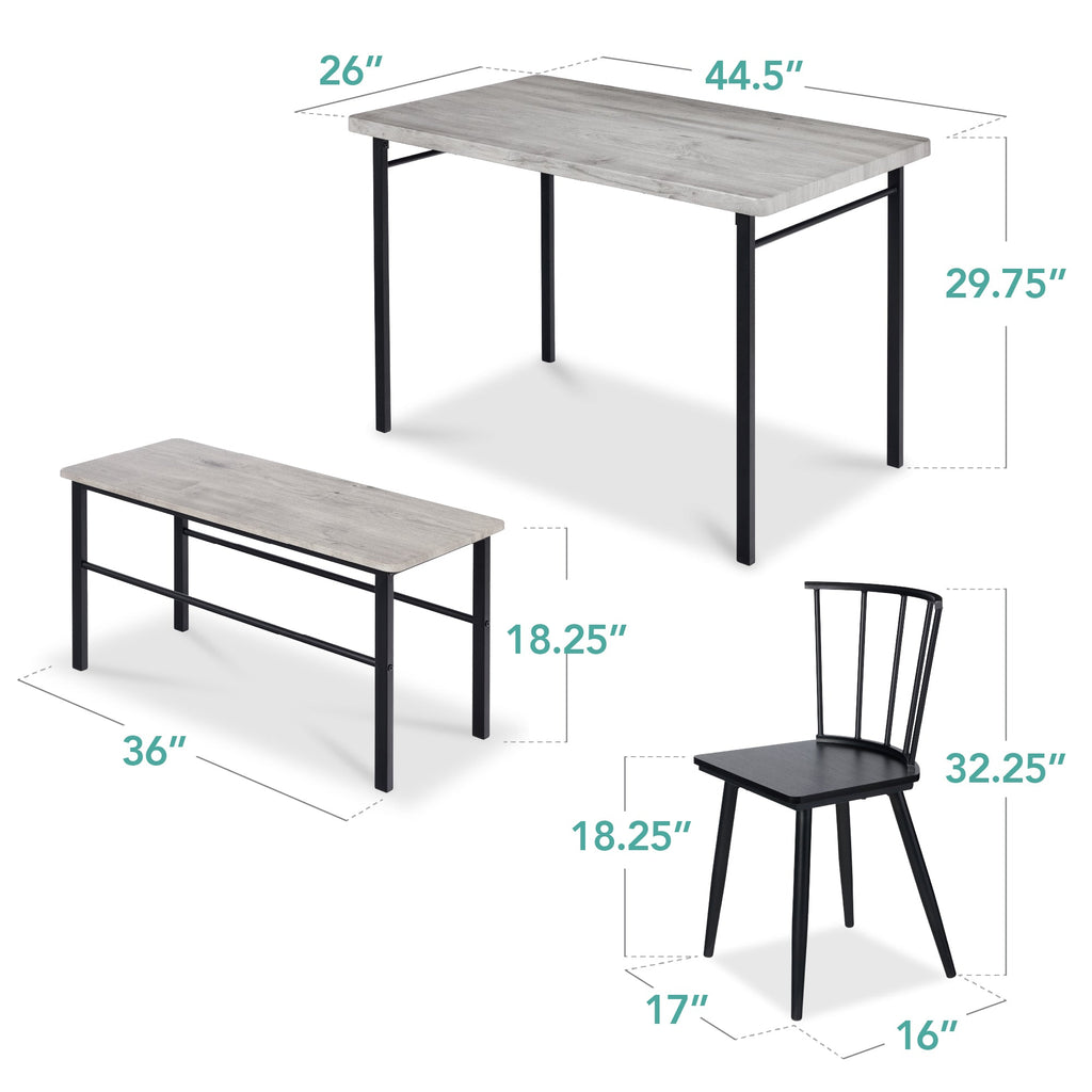 4-Piece Farmhouse Dining Table Set w/ 2 Black Spindle Chairs Bench Table