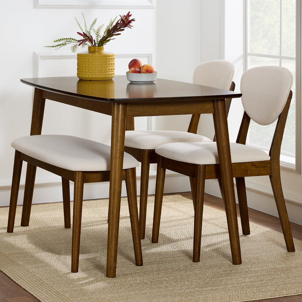 4-Piece Mid-Century Modern Upholstered Wooden Dining Set w/ 2 Chairs Bench