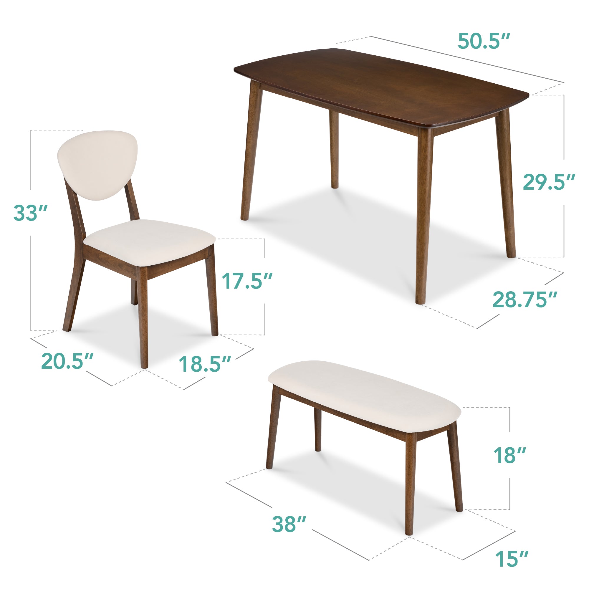 4-Piece Mid-Century Modern Upholstered Wooden Dining Set w/ 2 Chairs Bench