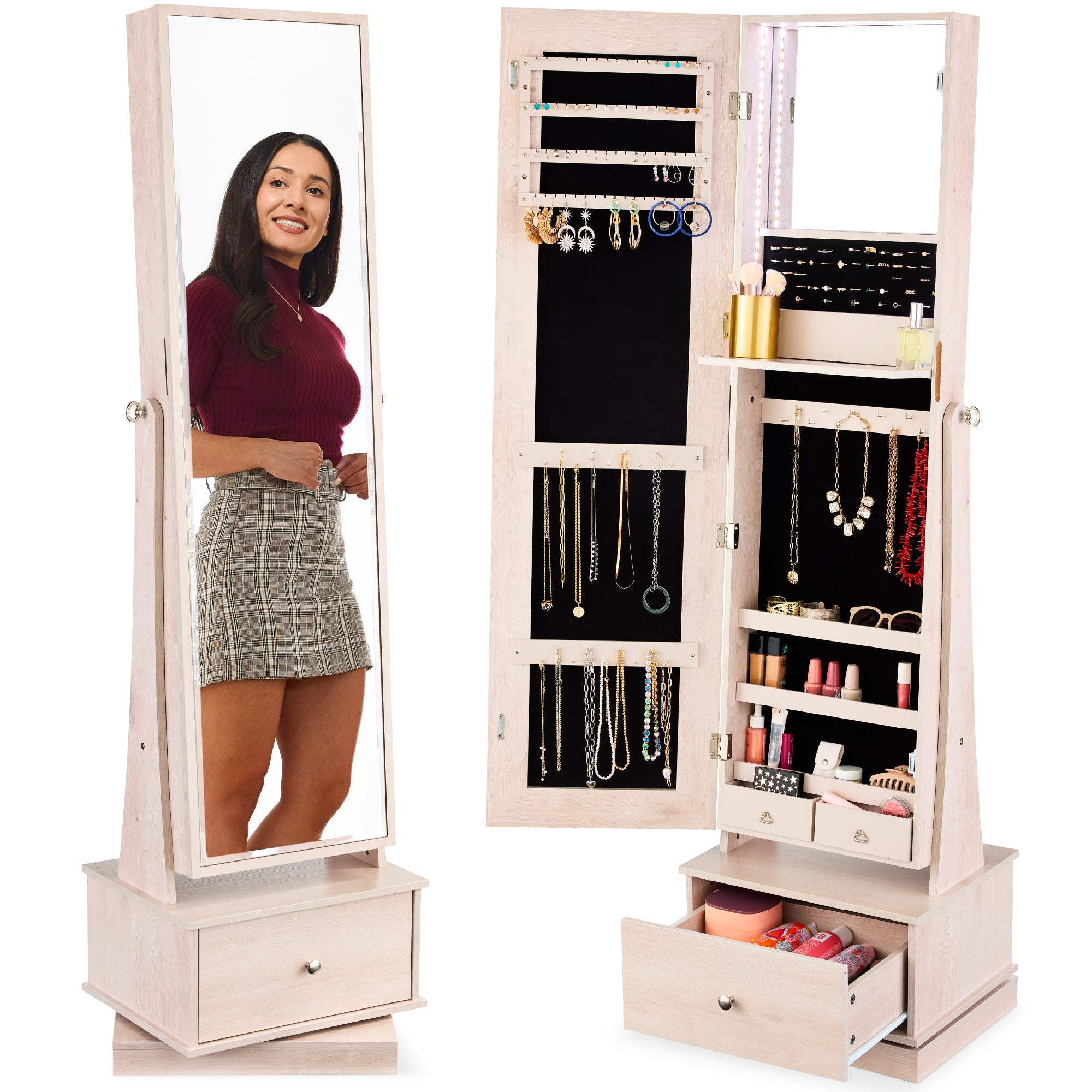 360 Swivel Mirrored Jewelry Cabinet Armoire w/ LED Lights Mirror