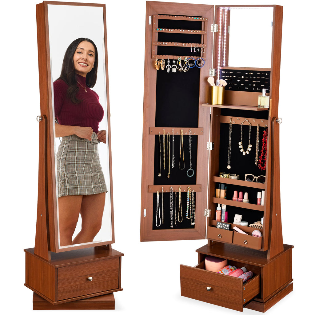 360 Swivel Mirrored Jewelry Cabinet Armoire w/ LED Lights Mirror