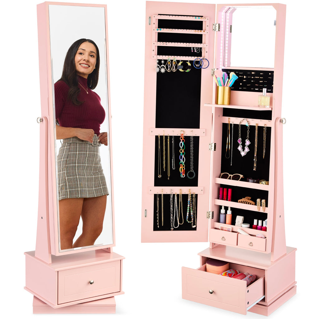 360 Swivel Mirrored Jewelry Cabinet Armoire w/ LED Lights Mirror