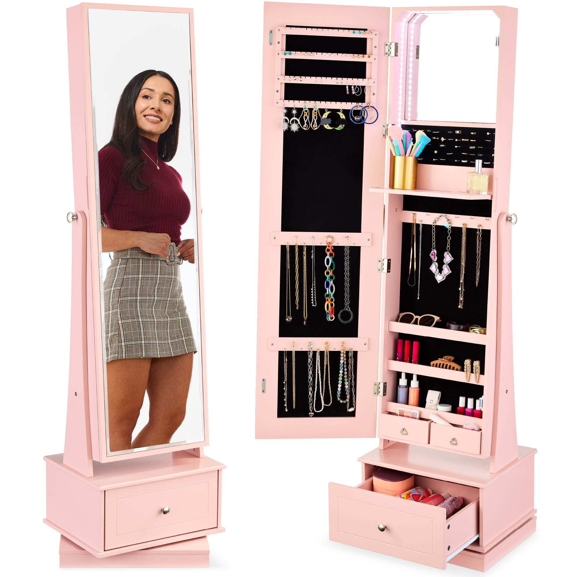 360 Swivel Mirrored Jewelry Cabinet Armoire w/ LED Lights Mirror