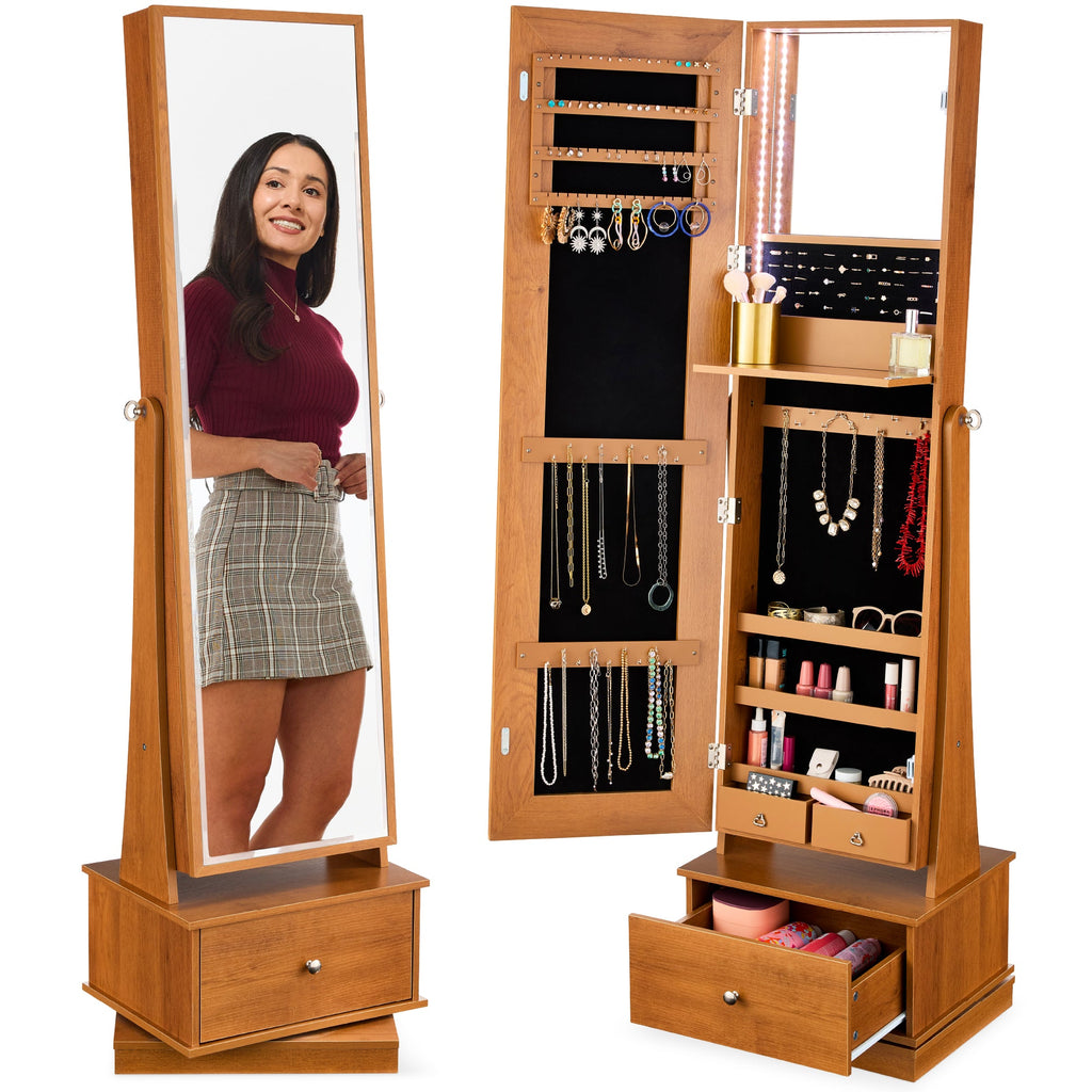360 Swivel Mirrored Jewelry Cabinet Armoire w/ LED Lights Mirror