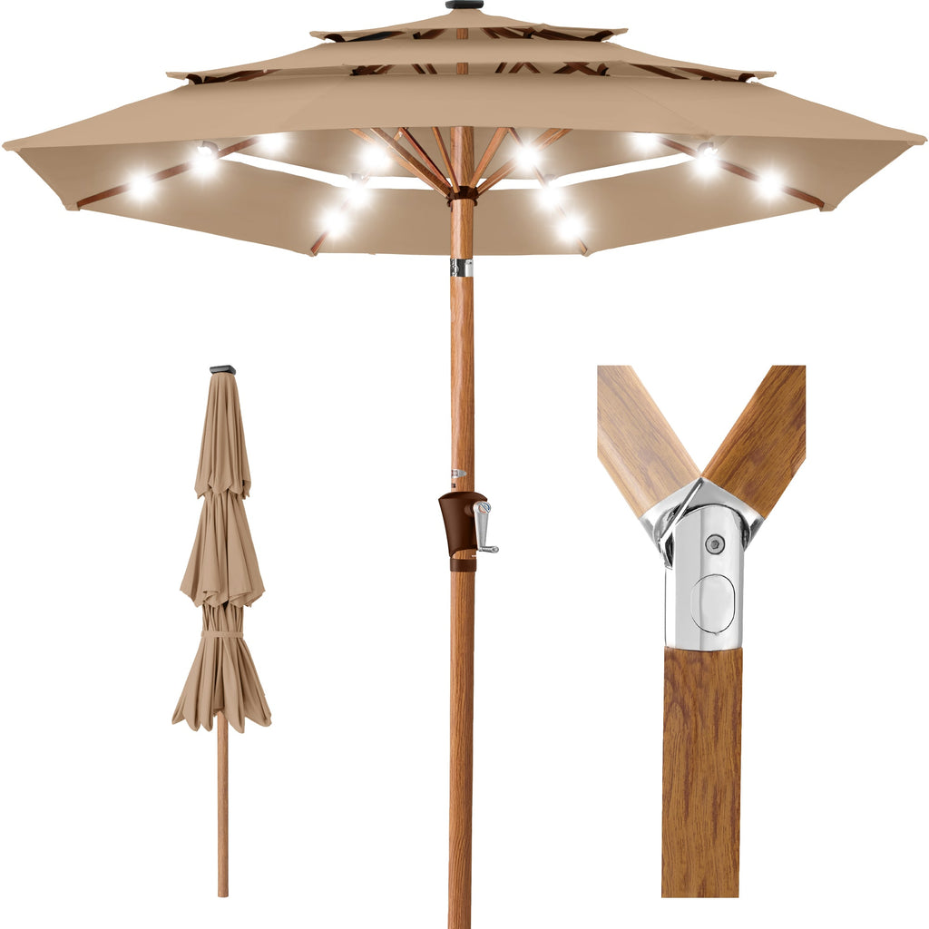 3-Tier Woodgrain Pattern Solar Patio Umbrella Tilt Adjustment - 10ft