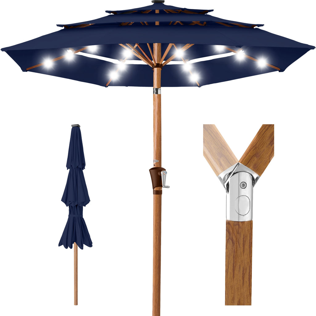 3-Tier Woodgrain Pattern Solar Patio Umbrella Tilt Adjustment - 10ft