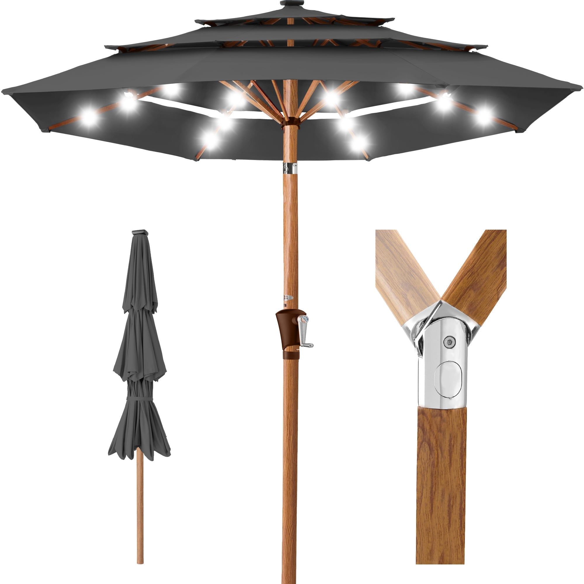 3-Tier Woodgrain Pattern Solar Patio Umbrella Tilt Adjustment - 10ft