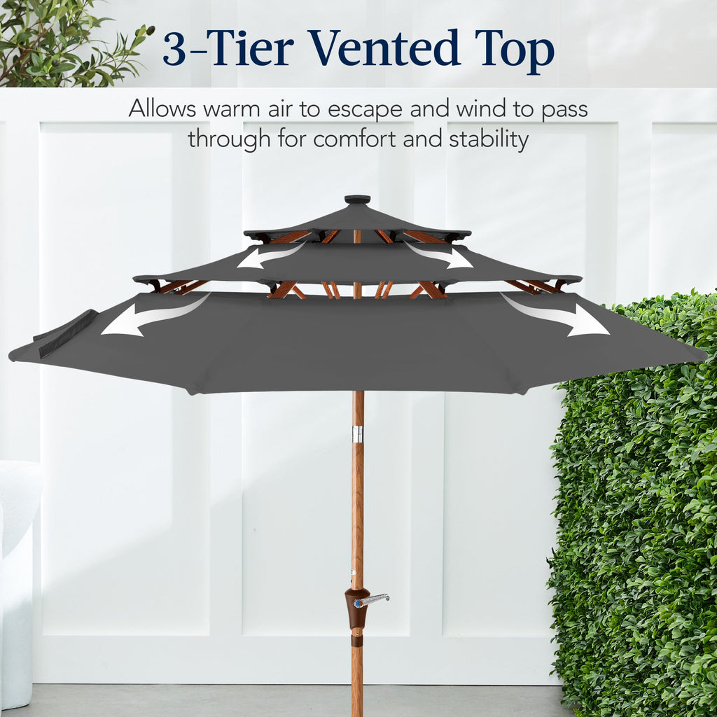3-Tier Woodgrain Pattern Solar Patio Umbrella Tilt Adjustment - 10ft