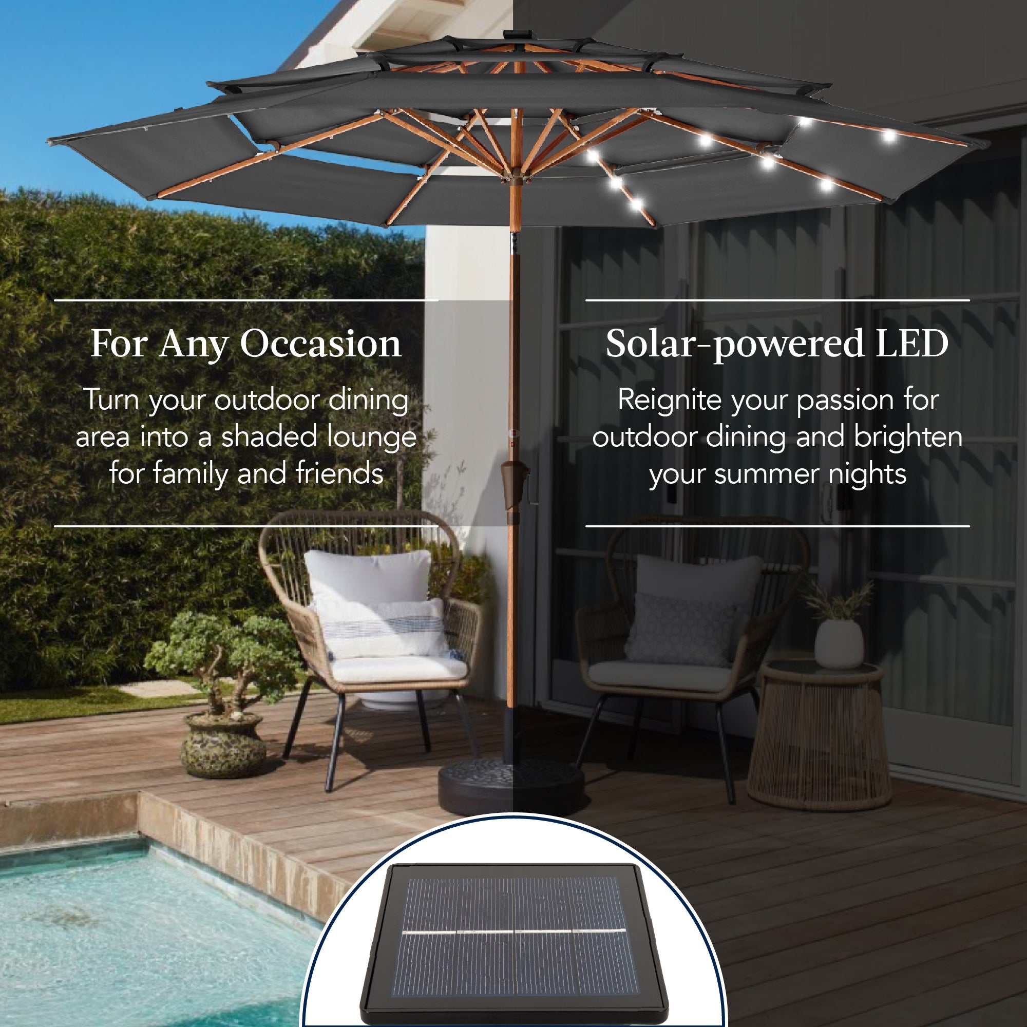 3-Tier Woodgrain Pattern Solar Patio Umbrella Tilt Adjustment - 10ft