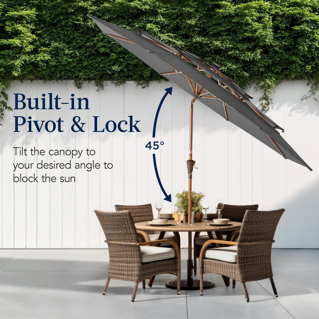 3-Tier Woodgrain Pattern Solar Patio Umbrella Tilt Adjustment - 10ft