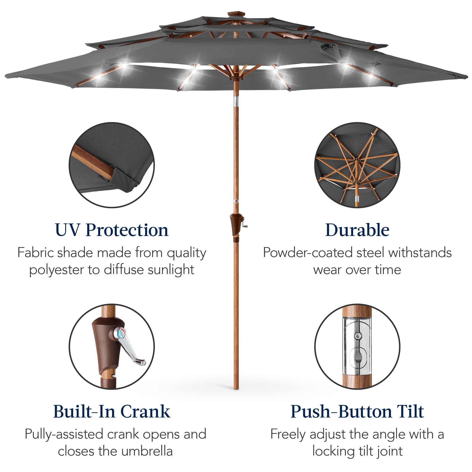 3-Tier Woodgrain Pattern Solar Patio Umbrella Tilt Adjustment - 10ft