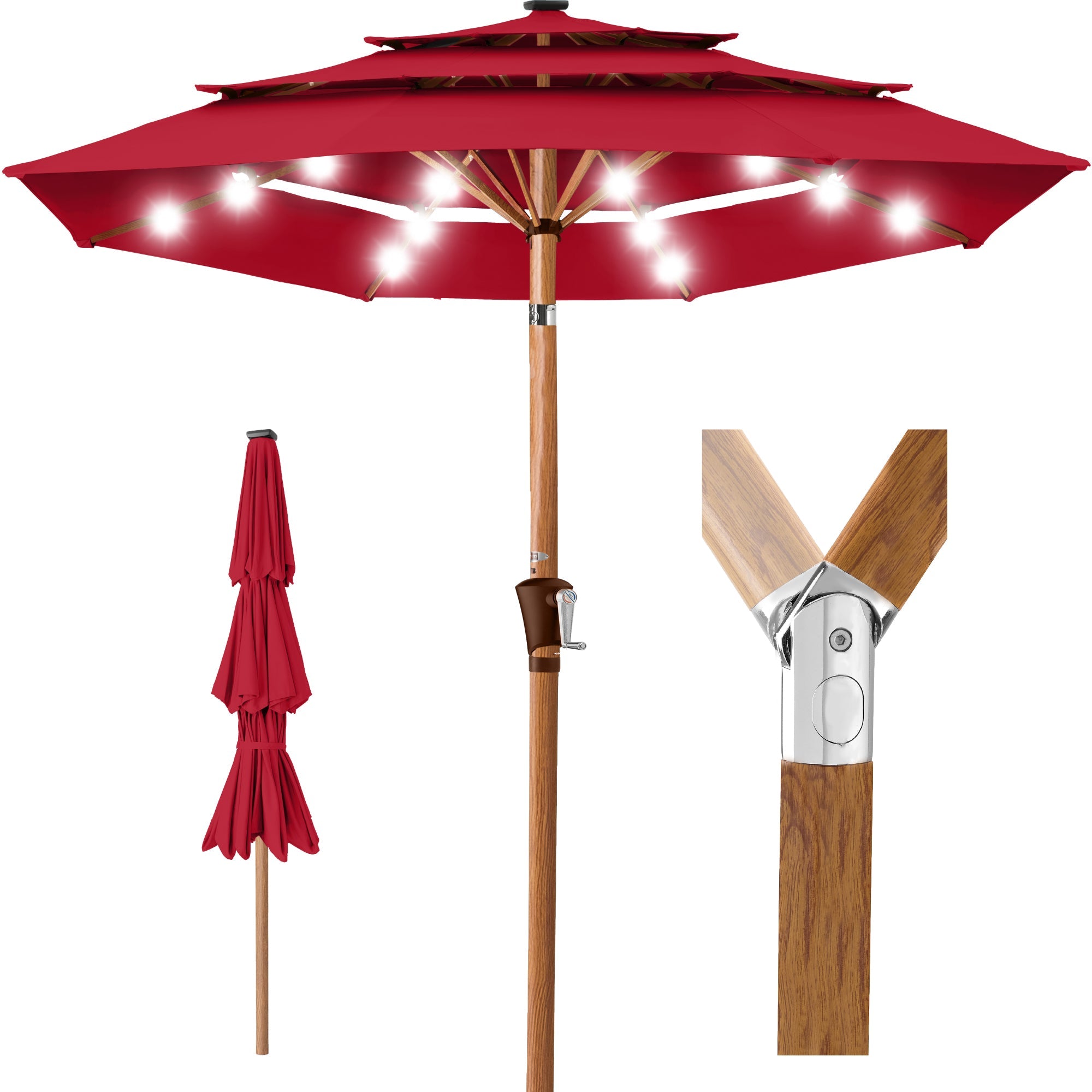 3-Tier Woodgrain Pattern Solar Patio Umbrella Tilt Adjustment - 10ft