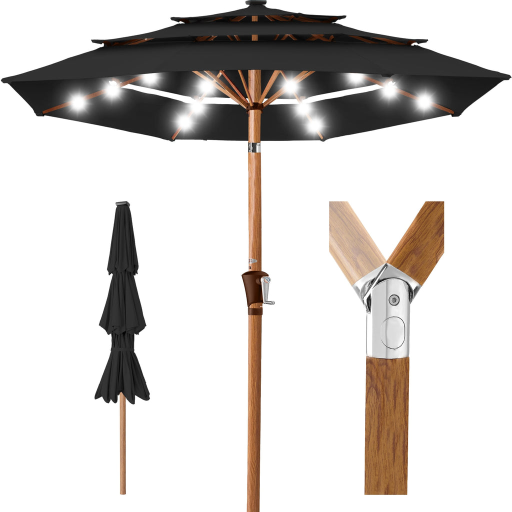 3-Tier Woodgrain Pattern Solar Patio Umbrella Tilt Adjustment - 10ft