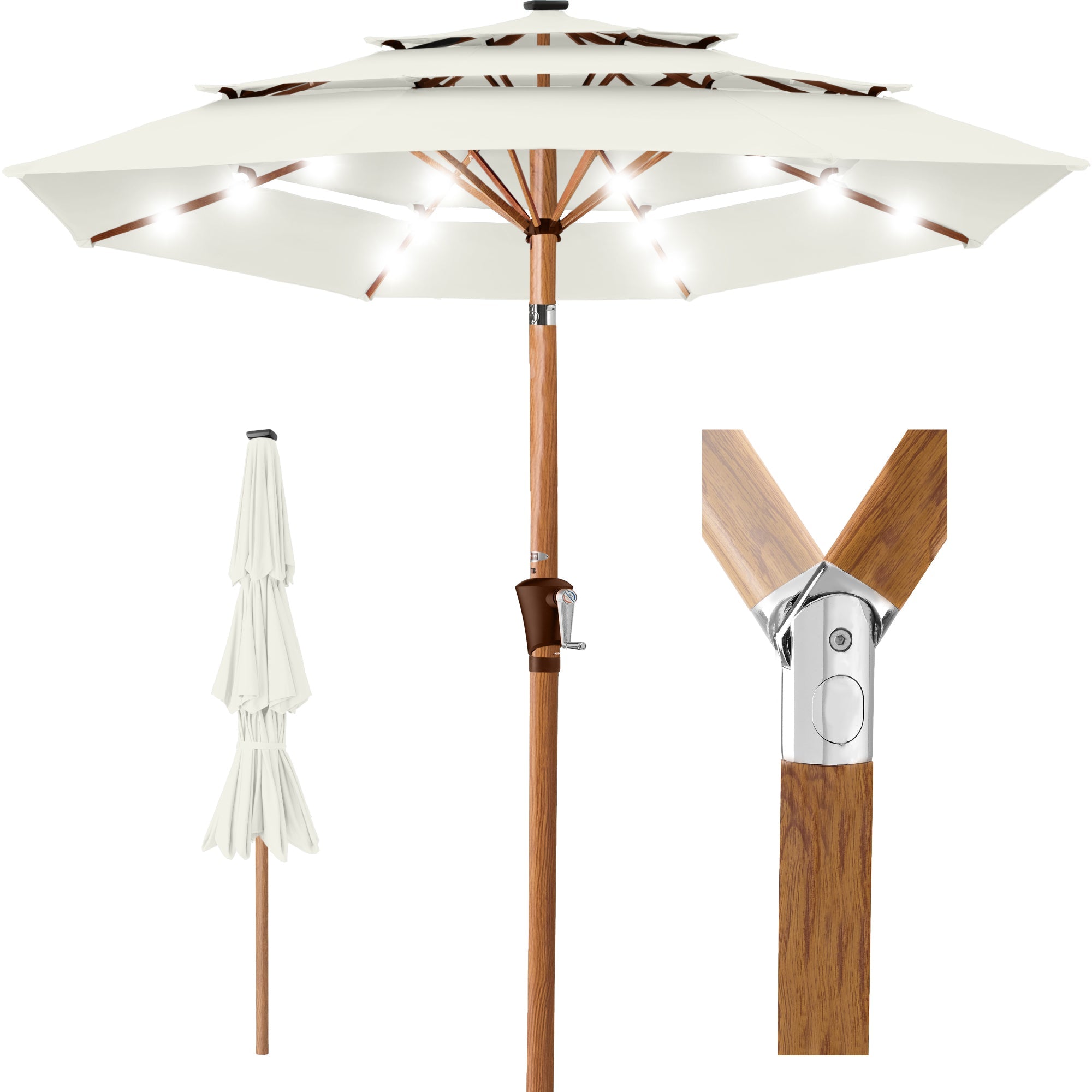 3-Tier Woodgrain Pattern Solar Patio Umbrella Tilt Adjustment - 10ft