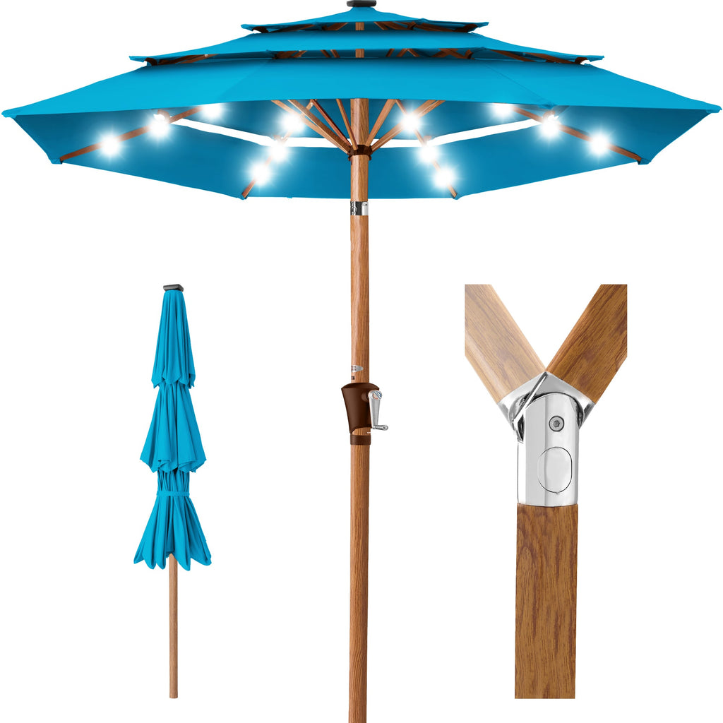 3-Tier Woodgrain Pattern Solar Patio Umbrella Tilt Adjustment - 10ft