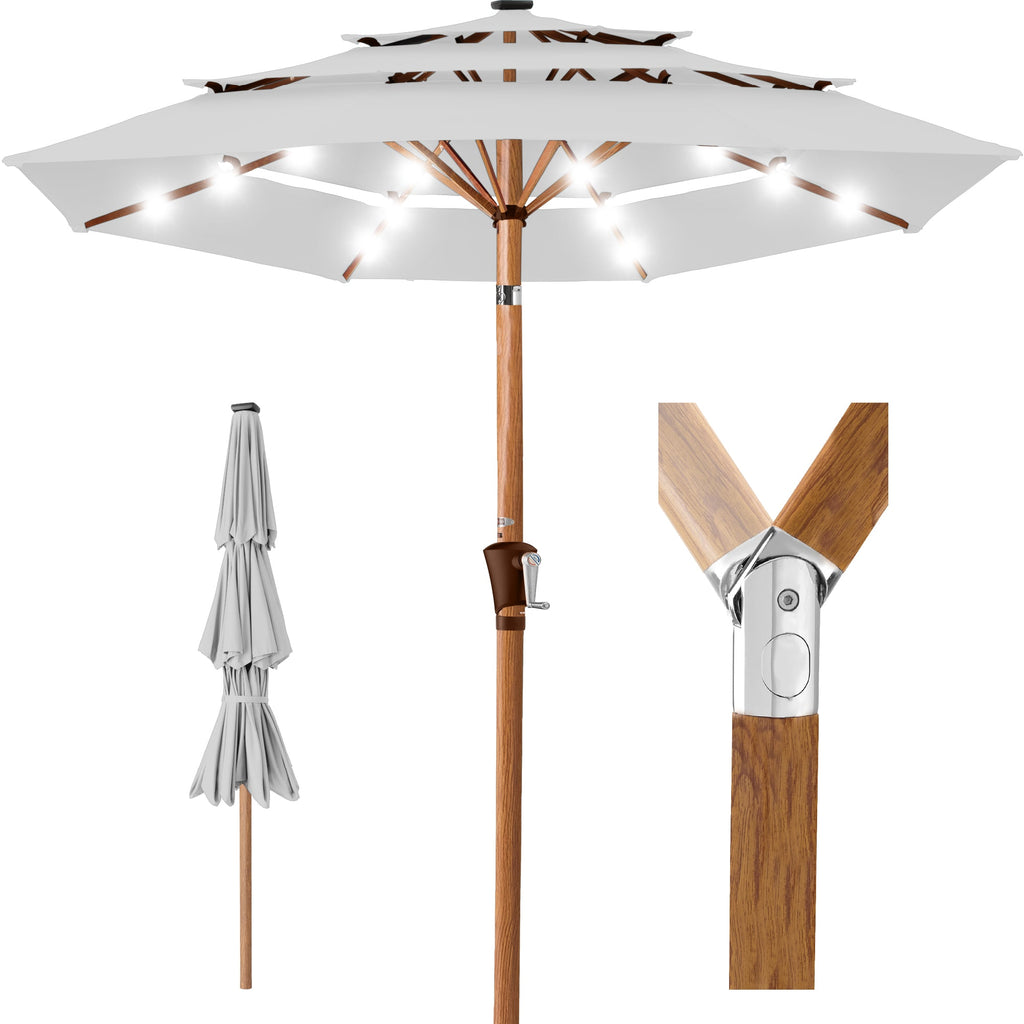 3-Tier Woodgrain Pattern Solar Patio Umbrella Tilt Adjustment - 10ft